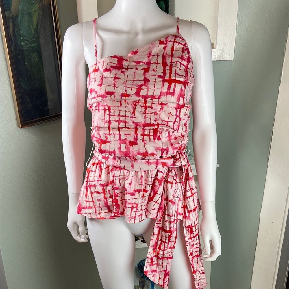 NWT NEW NY&C Pink Abstract Belted Asymmetrical Tank Top Peplum Large L Geometric